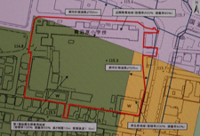 緑：第一種住専、黄色：準住居、ピンク：近隣商業